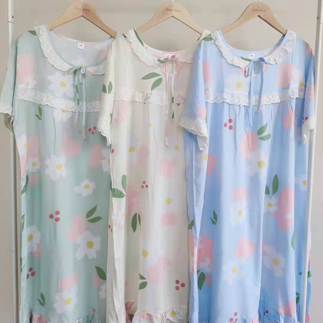 Thin Cotton Summer Nightgown Fresh and Comfortable - White