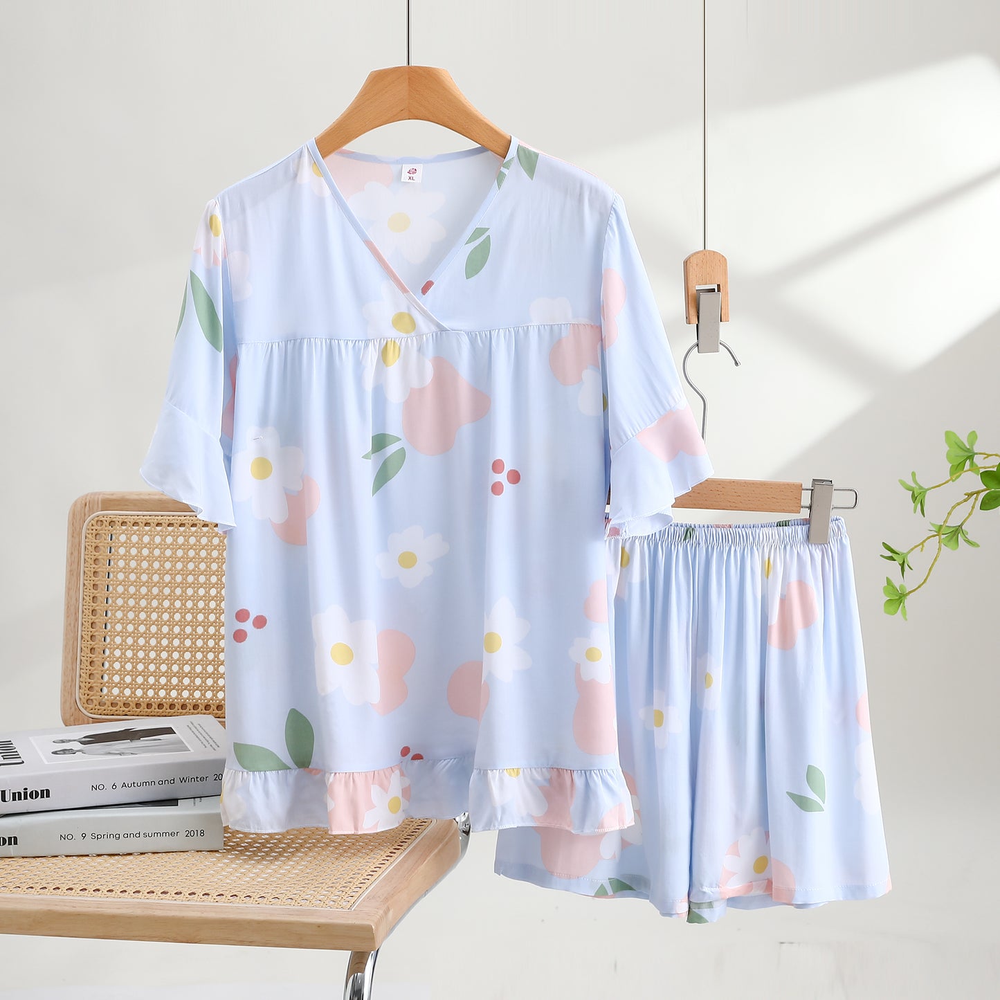 Thin Cotton Summer Short Sleeve Pajama Set Fresh and Comfortable - Blue