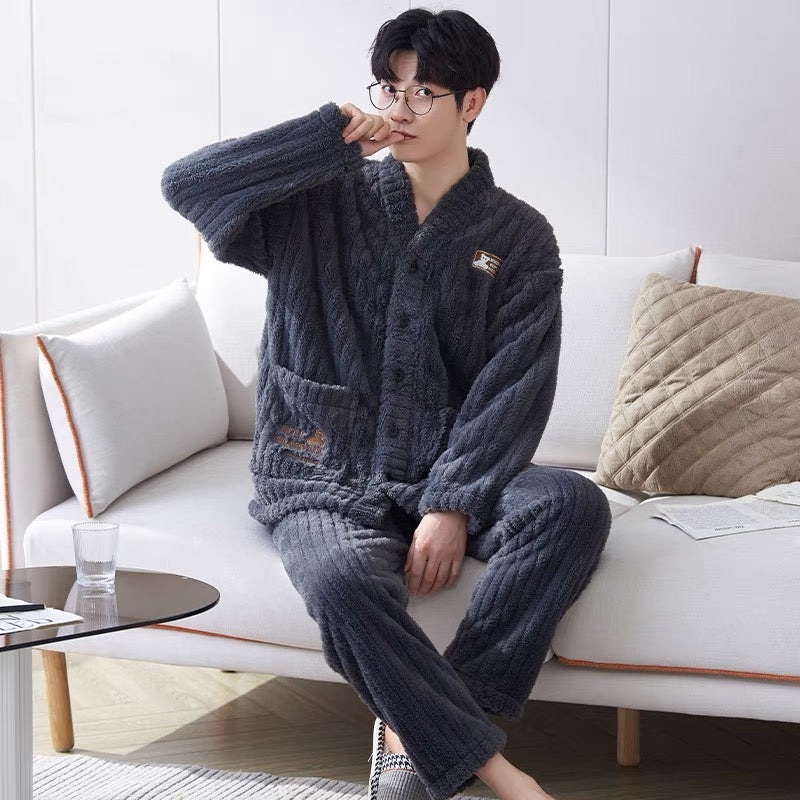 Coral Fleece Super Comfortable Homewear Set Simple Couple Style Grey