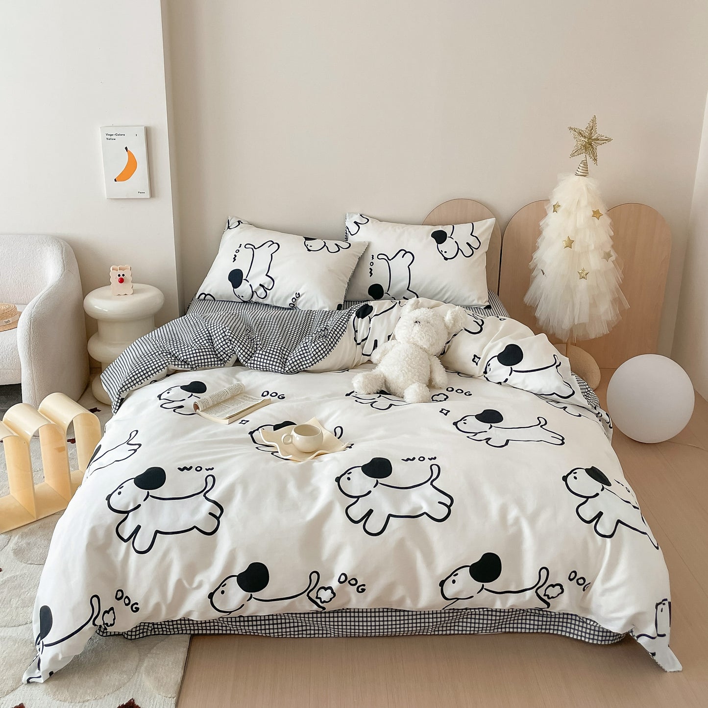 40S Pure Cotton Reversible 4 in 1 Bedding Sets Line Art Puppy