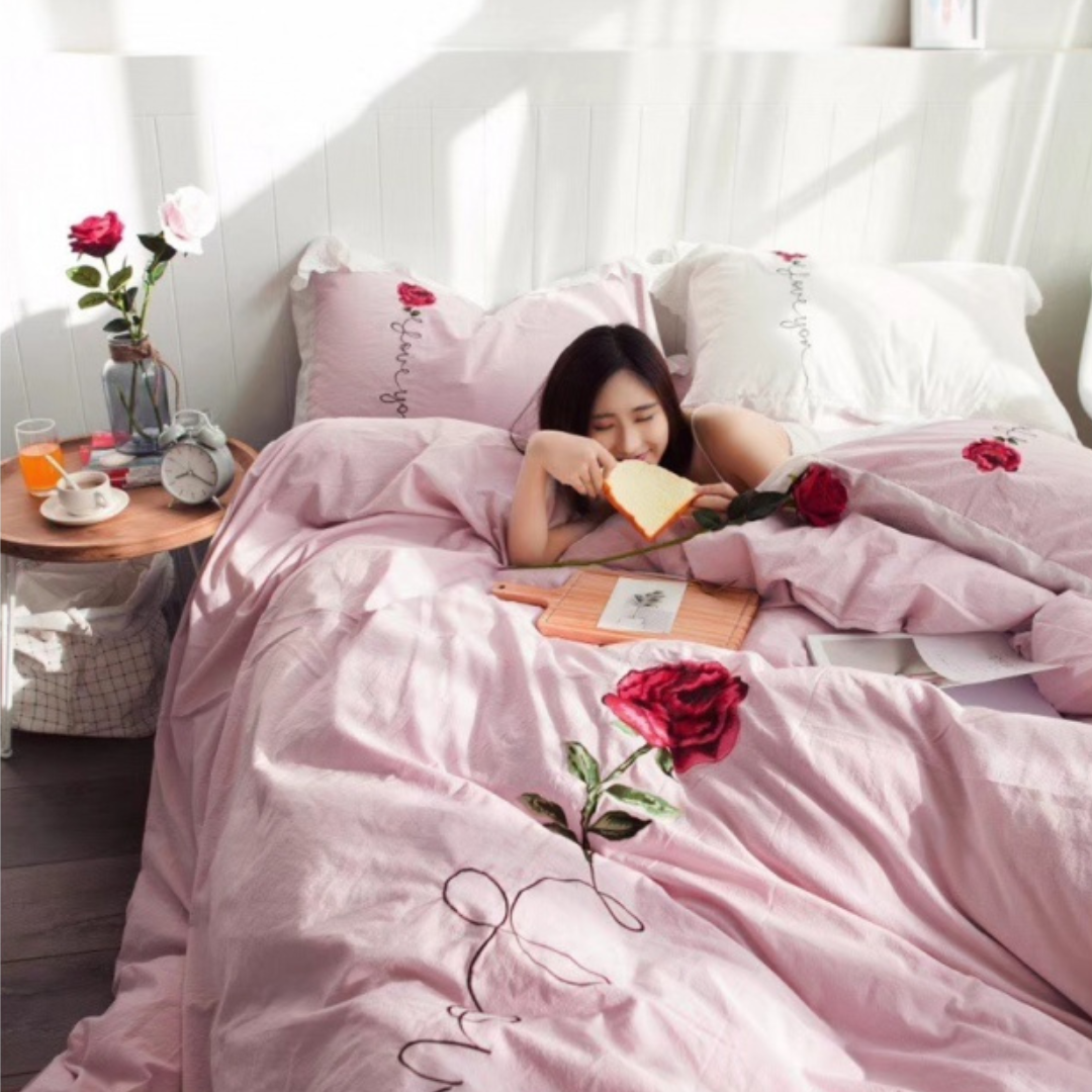 Washed Cotton Embroidered Bedding 4-Piece Set Rose Pink
