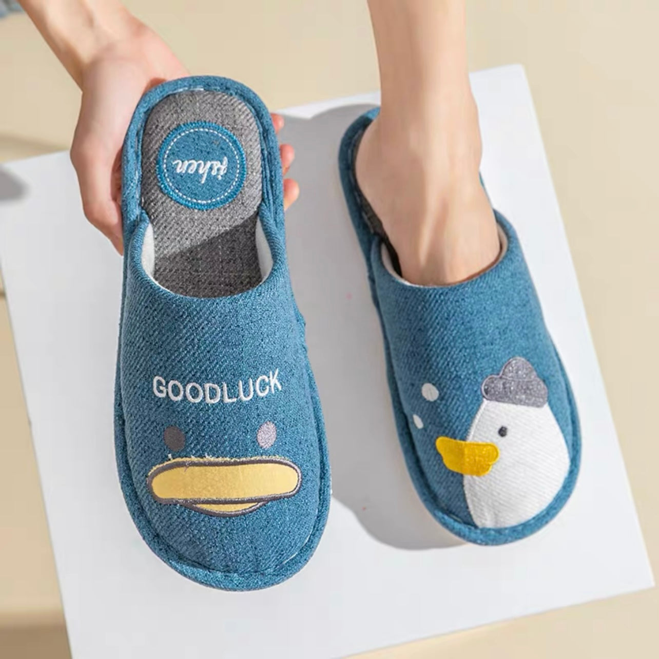 Four Seasons Comfortable Linen Slippers Duck Blue