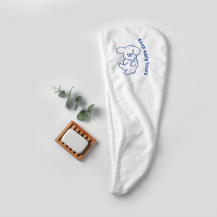 Absorbent Coral Velvet Embroidered Hair Drying Cap Puppy White