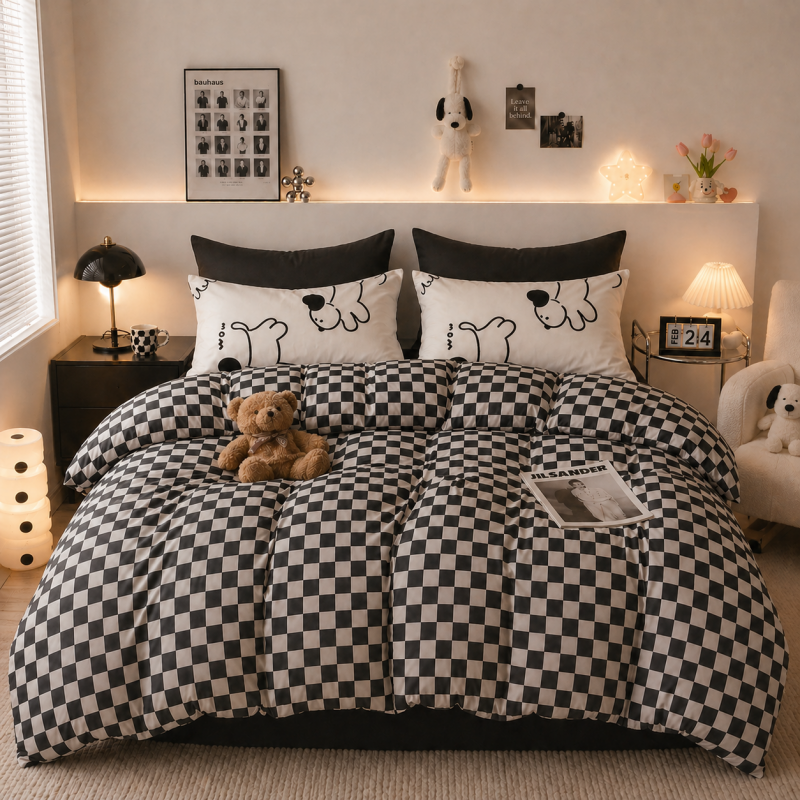 40S Pure Cotton Floral Double Sided 3-Piece Set Puppy Plaid
