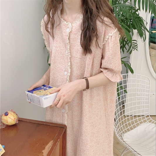 Baby Cotton Super Soft Home Wear - Simple Pink Buttoned Sleep Dress