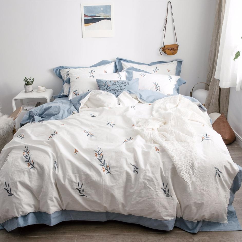 Water-washed Cotton Embroidered 4 in 1 Bedding Sets Jasmine White