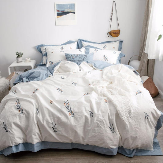 Water-washed Cotton Embroidered 4 in 1 Bedding Sets Jasmine White