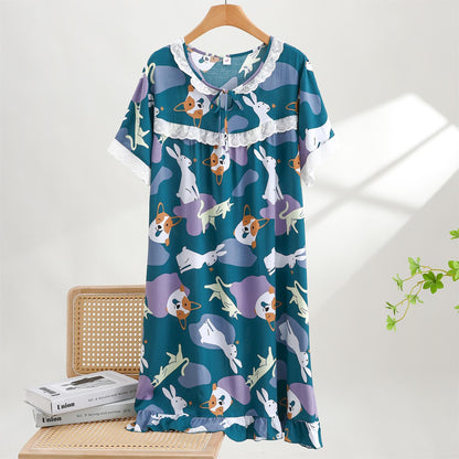 Thin Cotton Summer Nightgown - Corgi-Green