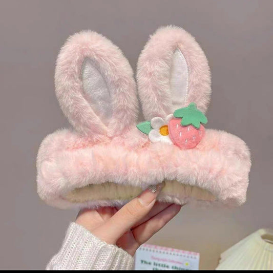 【Hairband】Pink Bunny Strawberry, Absorbent Hairband for Washing and Grooming