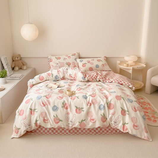40S Pure Cotton Reversible Peach Rabbit- 4 in 1 bedding sets
