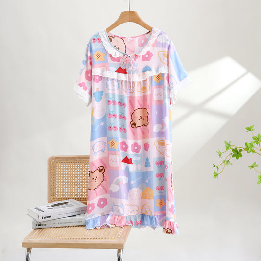 Thin Cotton Summer Nightgown - Cherry Bear