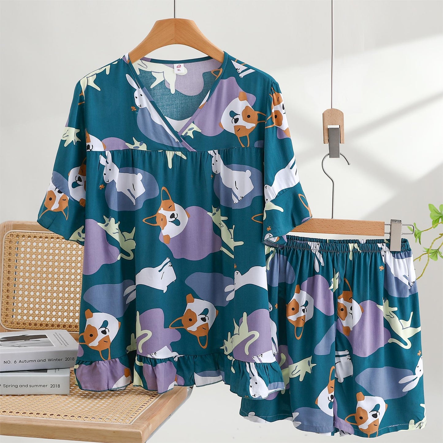 Thin Cotton Summer Short Sleeve Pajama Set - Corgi-Green