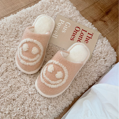 Winter Fluffy and Cute Warm Slippers Round Smiling Face Pink