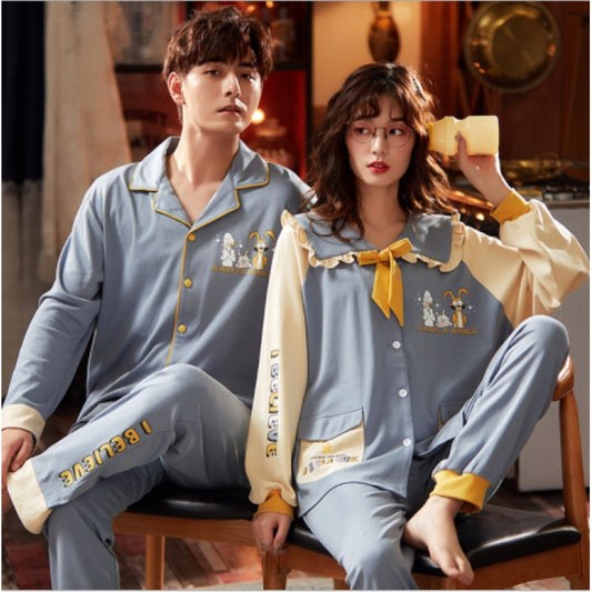 [Couple Stitching] Pure Cotton Printed Long-Sleeved Loose Couple Pajamas