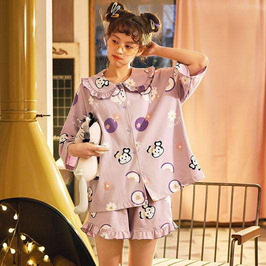 Mickey Cotton Printed Long Sleeve Loose Couple Pajamas