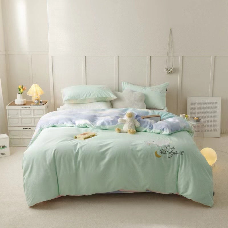 40S Pure Cotton Reversible 3 in 1 Bedding Sets Blue Sky