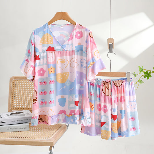Thin Cotton Summer Short Sleeve Pajama Set - Cherry Bear