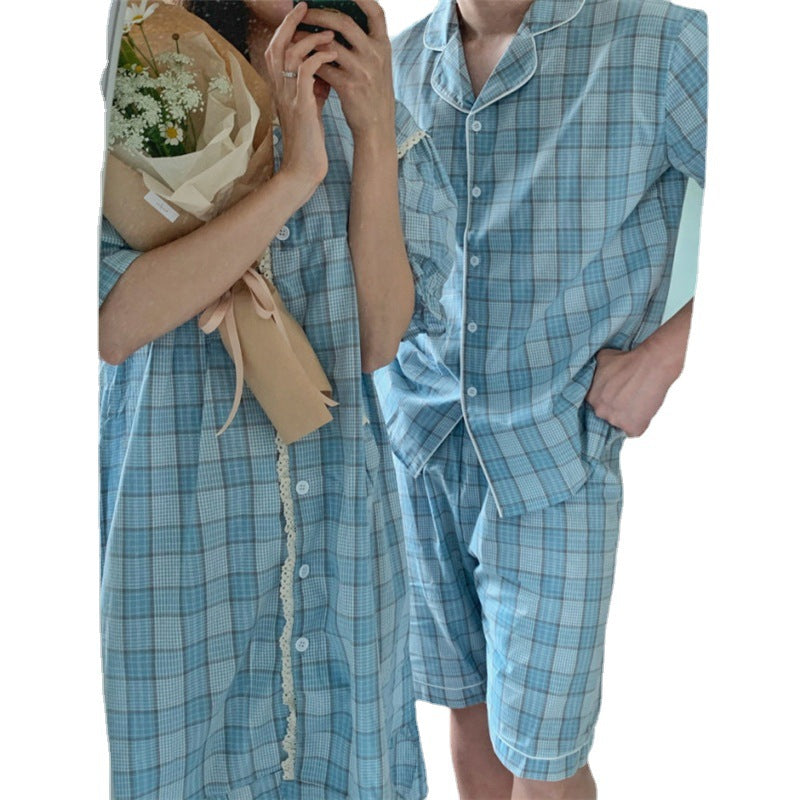 Cotton And Linen Plaid Couple Pajamas