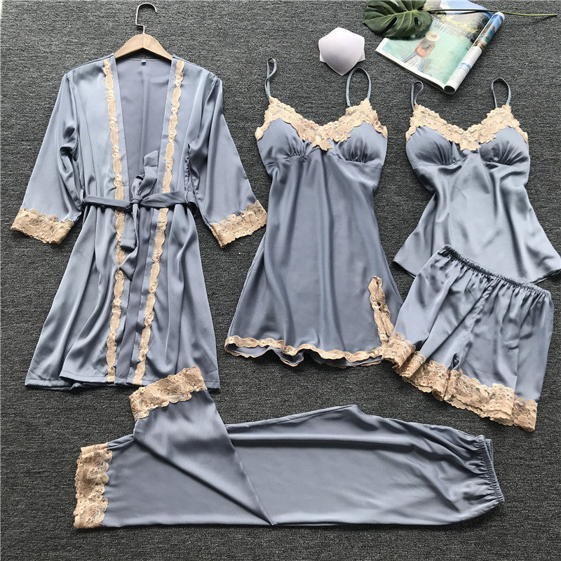 Five-Piece Lace Home Pajamas Set With Chest Pad