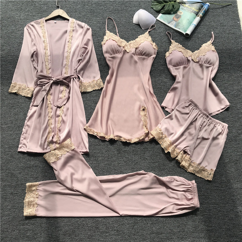 Five-Piece Lace Home Pajamas Set With Chest Pad