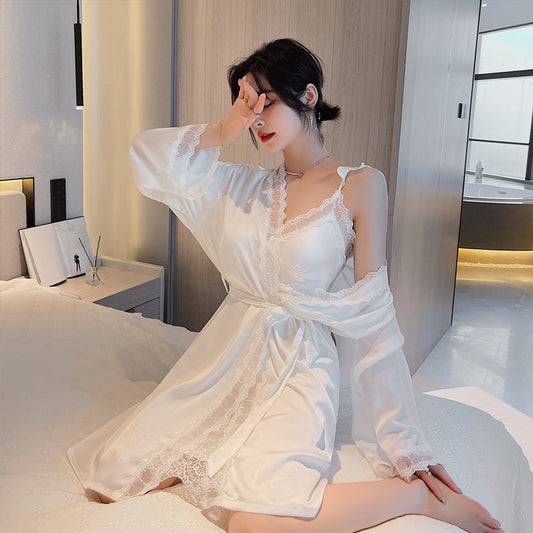 [Ice Silk] Lace Nightdress Nightgown Two-Piece Set