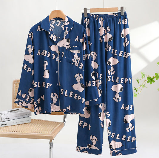 Thin Cotton Spring/Autumn Long-sleeve Pajama Set - Snoopy - Blue-Female