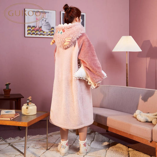 Winter Ultra Warmth Coral Fleece Gown Cute Monster Berry Pink