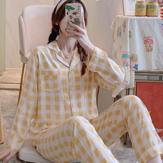 Pure Cotton Lightweight Long Sleeve Pajama Set - Yellow Stripe Grid