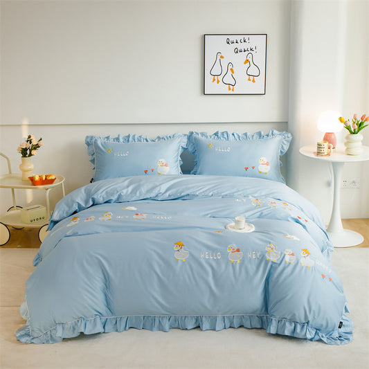[100S Long Stample Bedding Set] Little Duck Duck Pale Blue 3D Embroidery