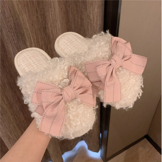Four Seasons Comfortable Linen Slippers Bow Pink