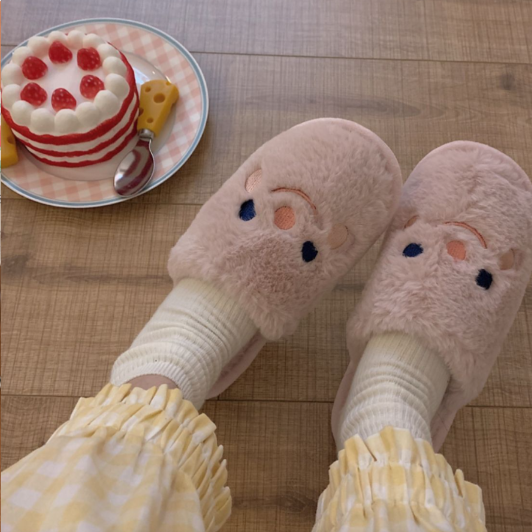 Winter Fluffy and Cute Warm Slippers Smiley Face Pink