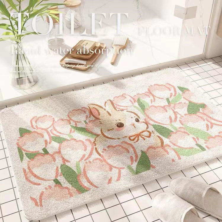 Faux Lambswool Bathroom Absorbent Non-slip Rug Pink Floral Bunny