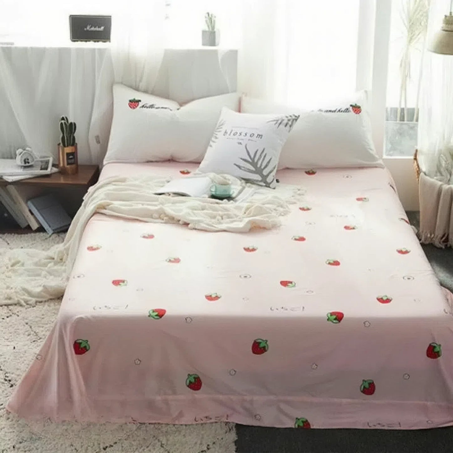 Water-washed Cotton Embroidered Flat Sheet Pink Strawberry