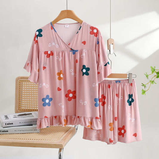 Thin Cotton Summer Short Sleeve Pajama Set - Floral