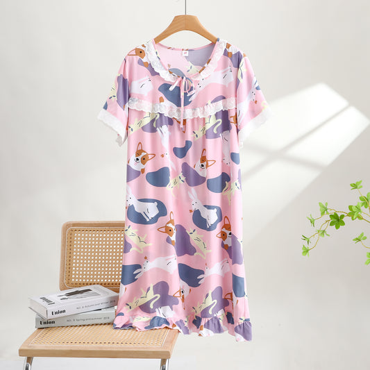 Thin Cotton Summer Nightgown - Corgi-Pink
