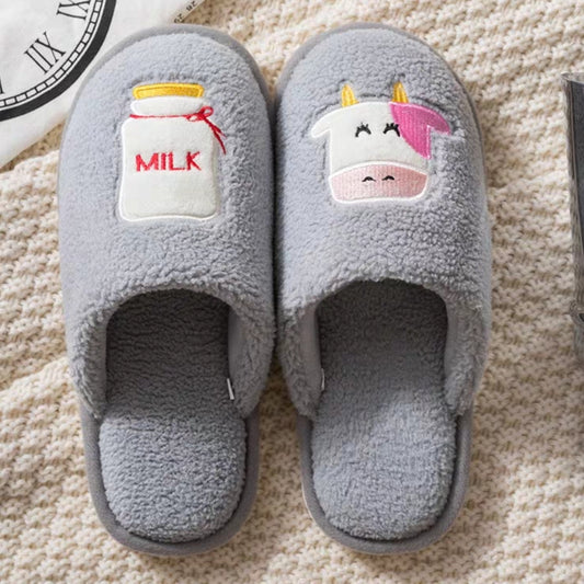 Winter Fluffy and Cute Warm Slippers Cute Cow Grey