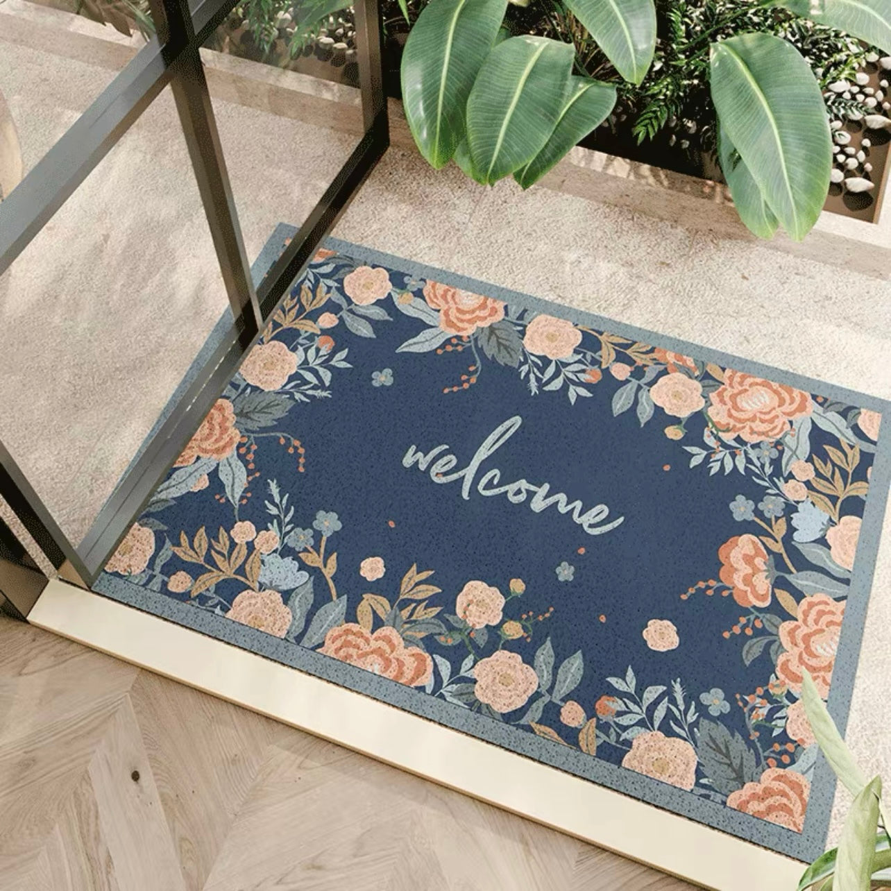 Wire Loop Entrance Mat Nordic Blue Flowers