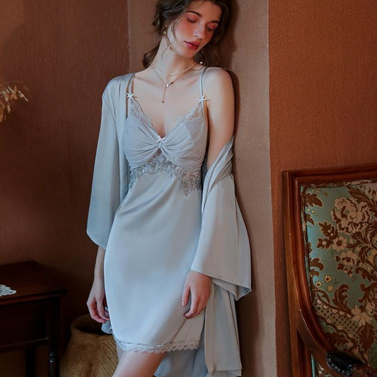 Ice Silk French Lace Trimmed Camisole Robe Set