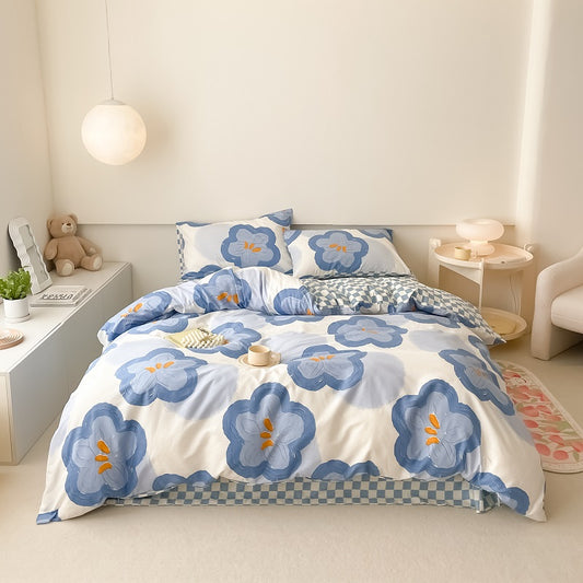 40S Pure Cotton Reversible Blue Flower- 4 in 1 bedding sets