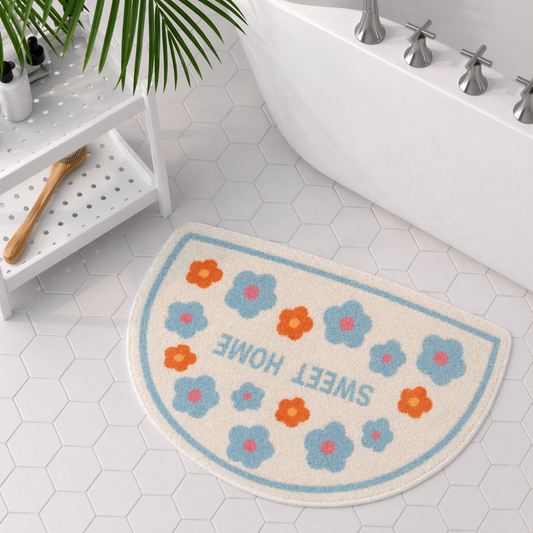 Faux Lambswool Bathroom Absorbent Non-Slip Rug Blue Flower