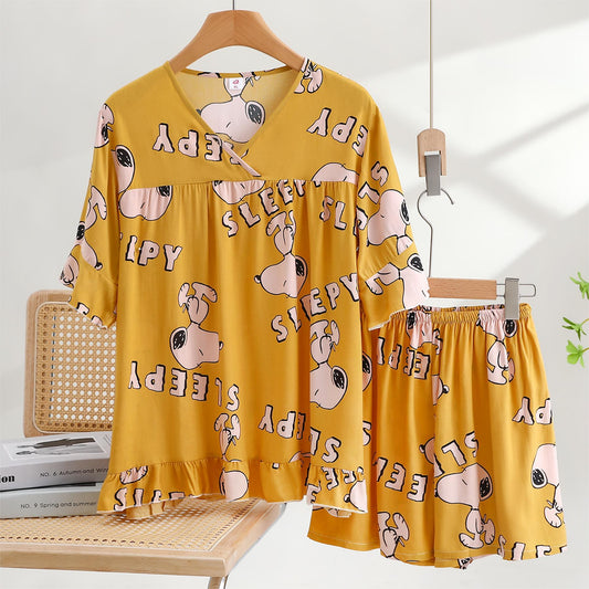Thin Cotton Summer Short Sleeve Pajama Set - Snoopy - Women's Style Yellow