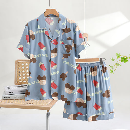 Male Thin Cotton Summer Short Sleeve Pajama Set Mickey-Blue