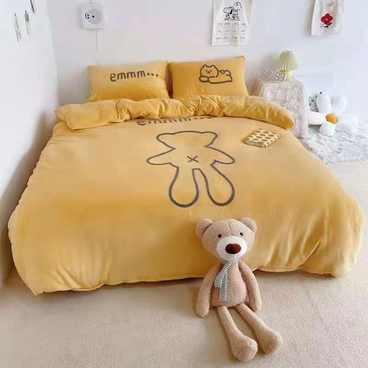 High GSM Milk Velvet Set in 4 Cute Bear Yellow Complimentary Matching Cushion