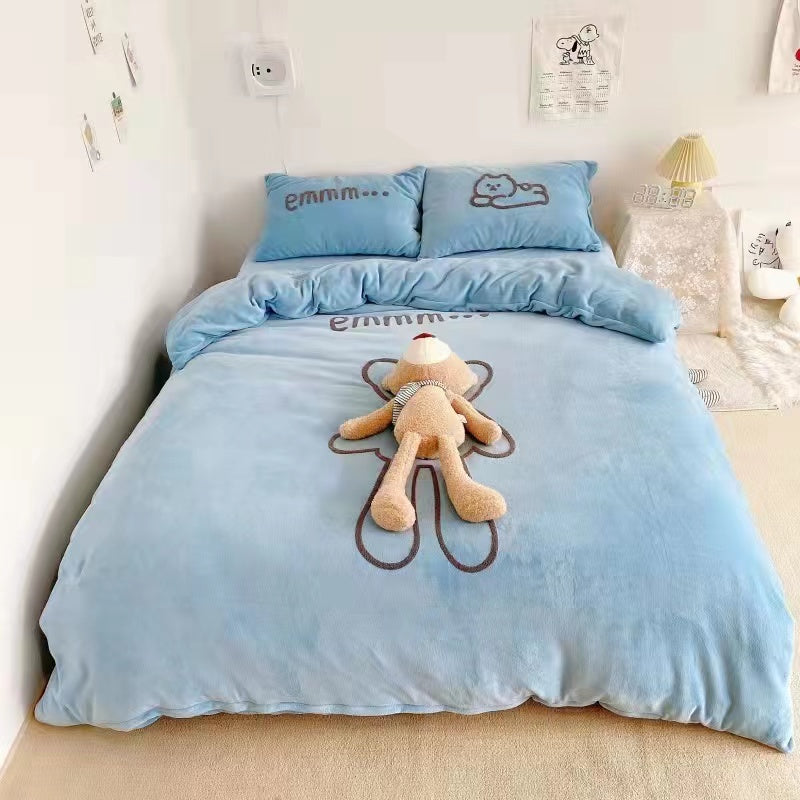High GSM Milk Velvet Set in 4 Cute Bear Blue Complimentary Matching Cushion