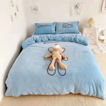 High GSM Milk Velvet Quilt Cover Set in 3 Blue Bear Complimentary Cushion