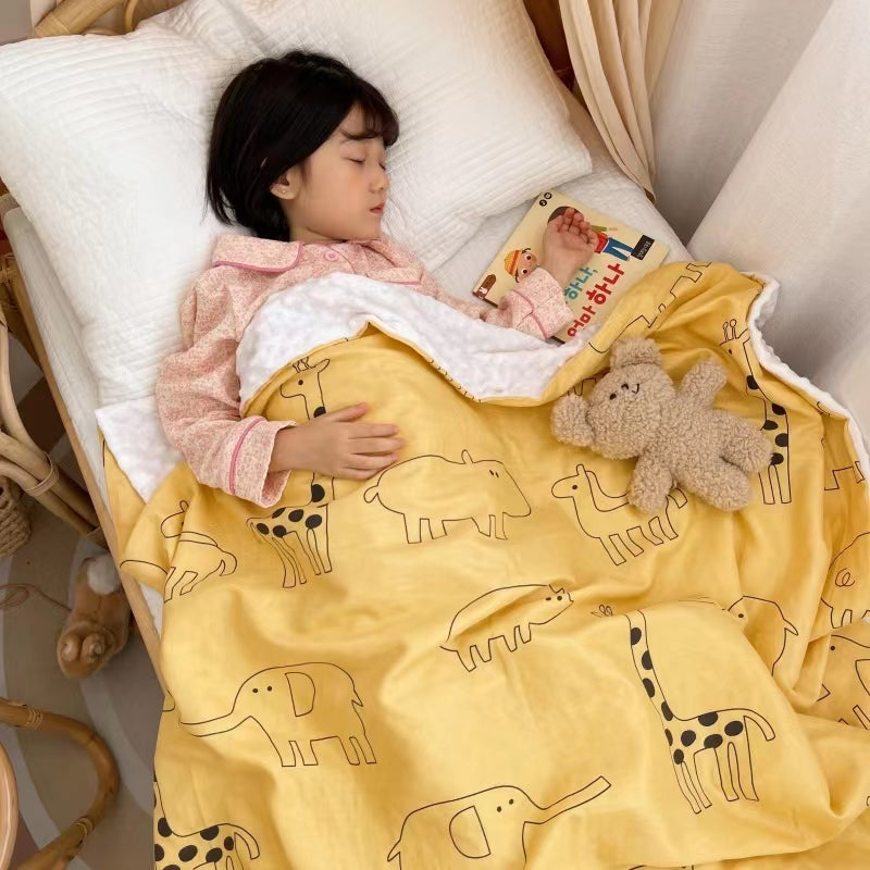 Double-Layer Bean fleece blanket Baby Comforter Blanket  Elephant And Giraffe