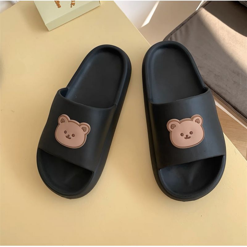 Waterproof Super Soft Bath Slippers Big Head Bear Black