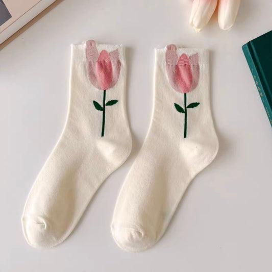 [Four Seasons] White Tulip Cute Cotton Socks