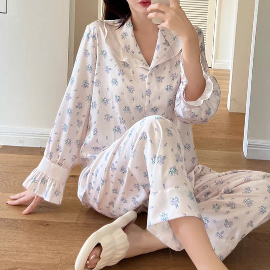 Ice Silk Summer Pastoral Floral Style Long Sleeve Pajamas