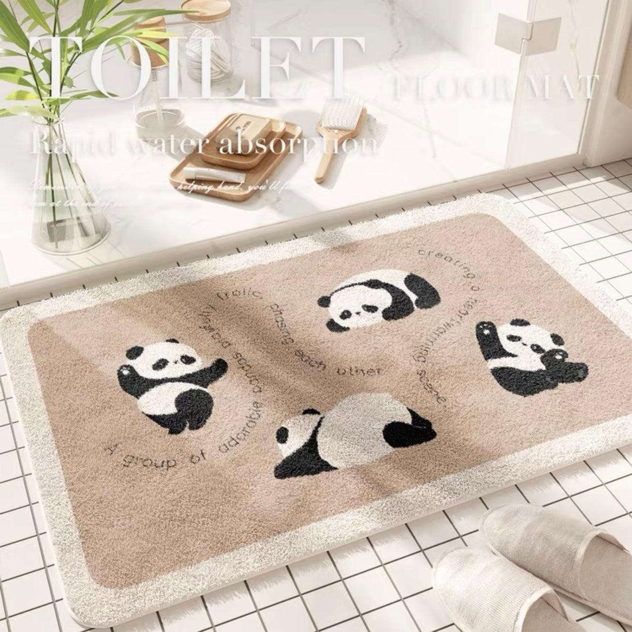 Faux Lambswool Bathroom Absorbent Non-slip Rug Four Pandas